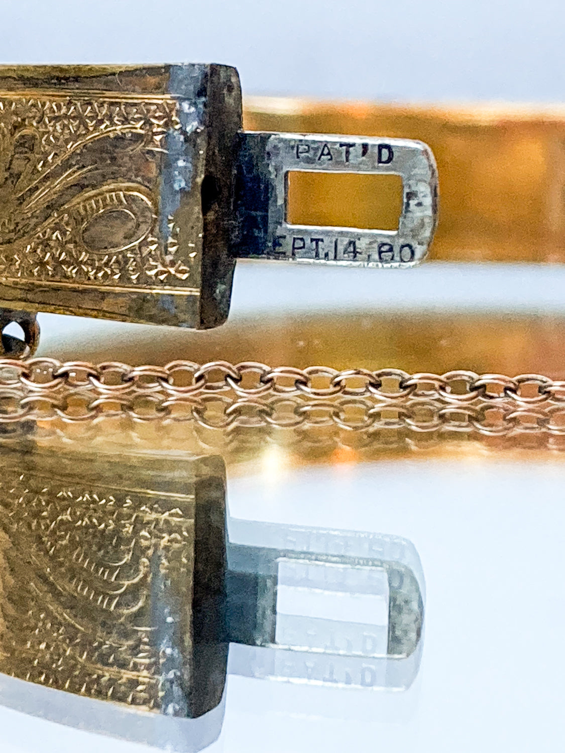 Antique Victorian Gold Filled Engraved Hinged Bangle Bracelet close up patent