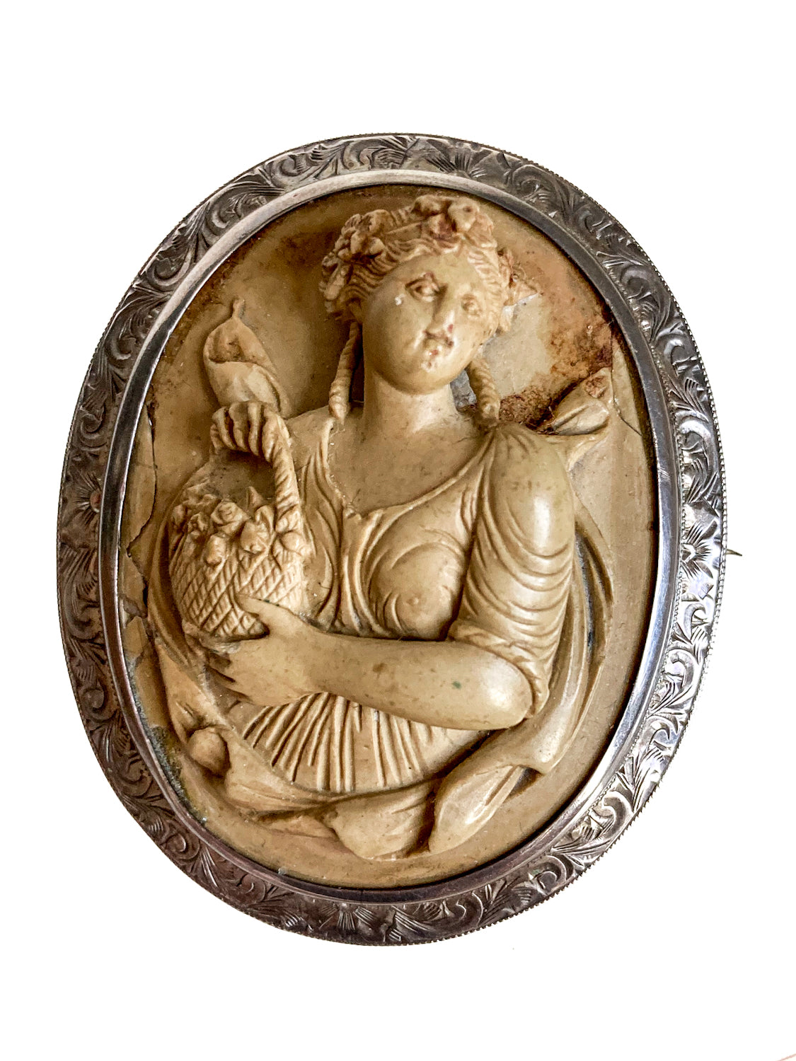 Antique Victorian Italian Lava Stone Floral Goddess Cameo Sterling Silver Brooch