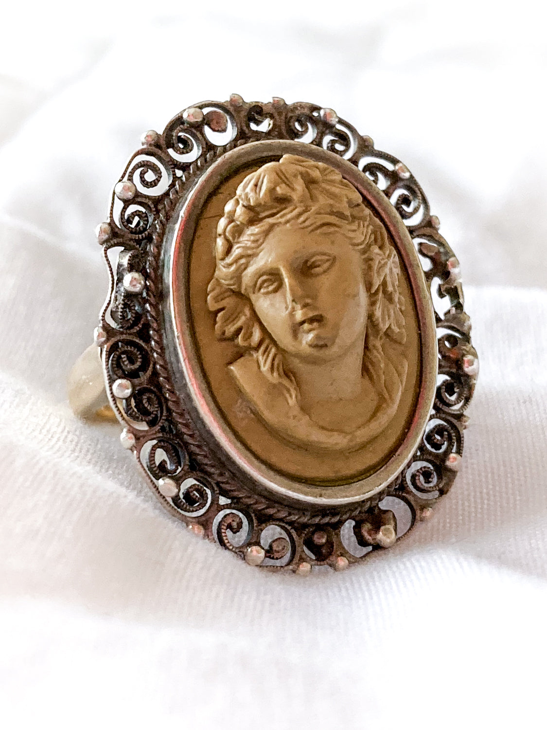 Vintage Antique Lava top Cameo Ring in 14kt Rolled Gold Size 7 - -- Wire Wrapped- Gift For Her