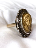 Antique Victorian Gold Sterling Silver Filigree Lava Stone Cameo Ring Side