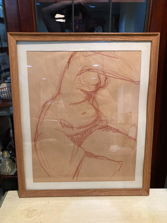 Framed Vintage Gestural Drawing of Female Figure Unsigned