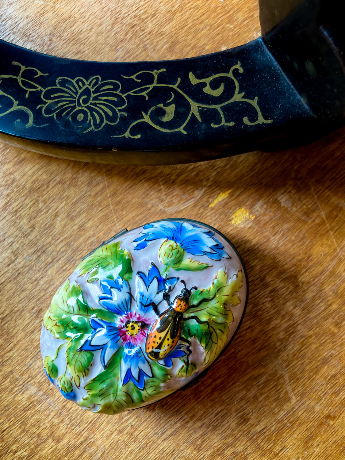 Limoges France Floral Beetle Pink Glass Style Oval Porcelain Pillbox