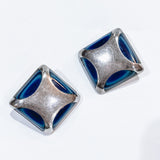 Vintage Mexico Sterling Silver Layered Blue Glass Clip On Earrings White Background 1
