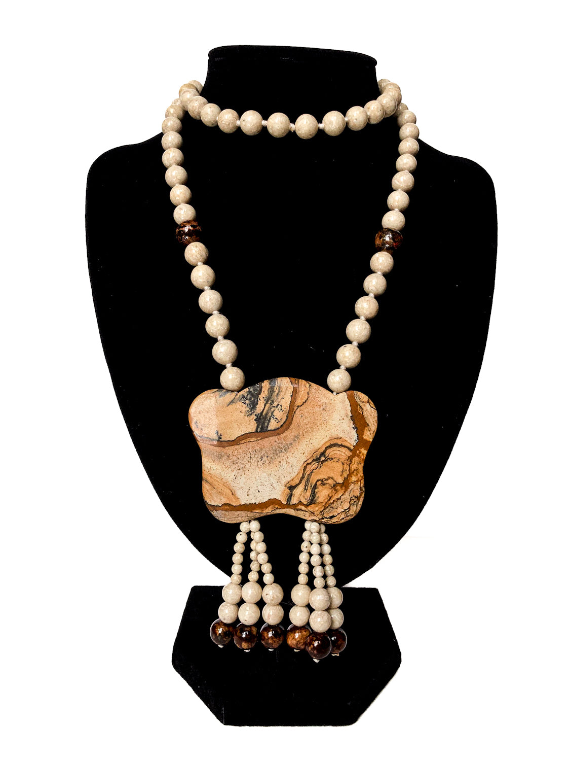 Stunning Natural Stone Pendant Hand Knotted Bead Tassel Statement Necklace