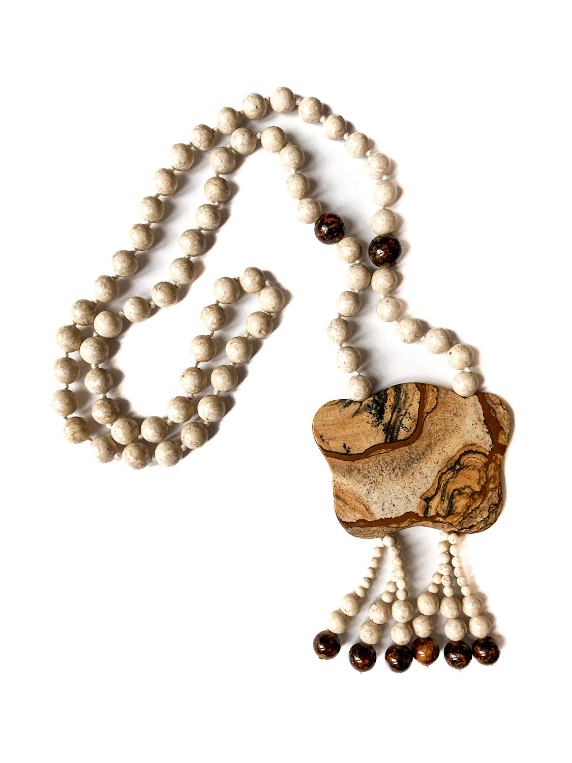 Stunning Natural Stone Pendant Hand Knotted Bead Tassel Statement Necklace