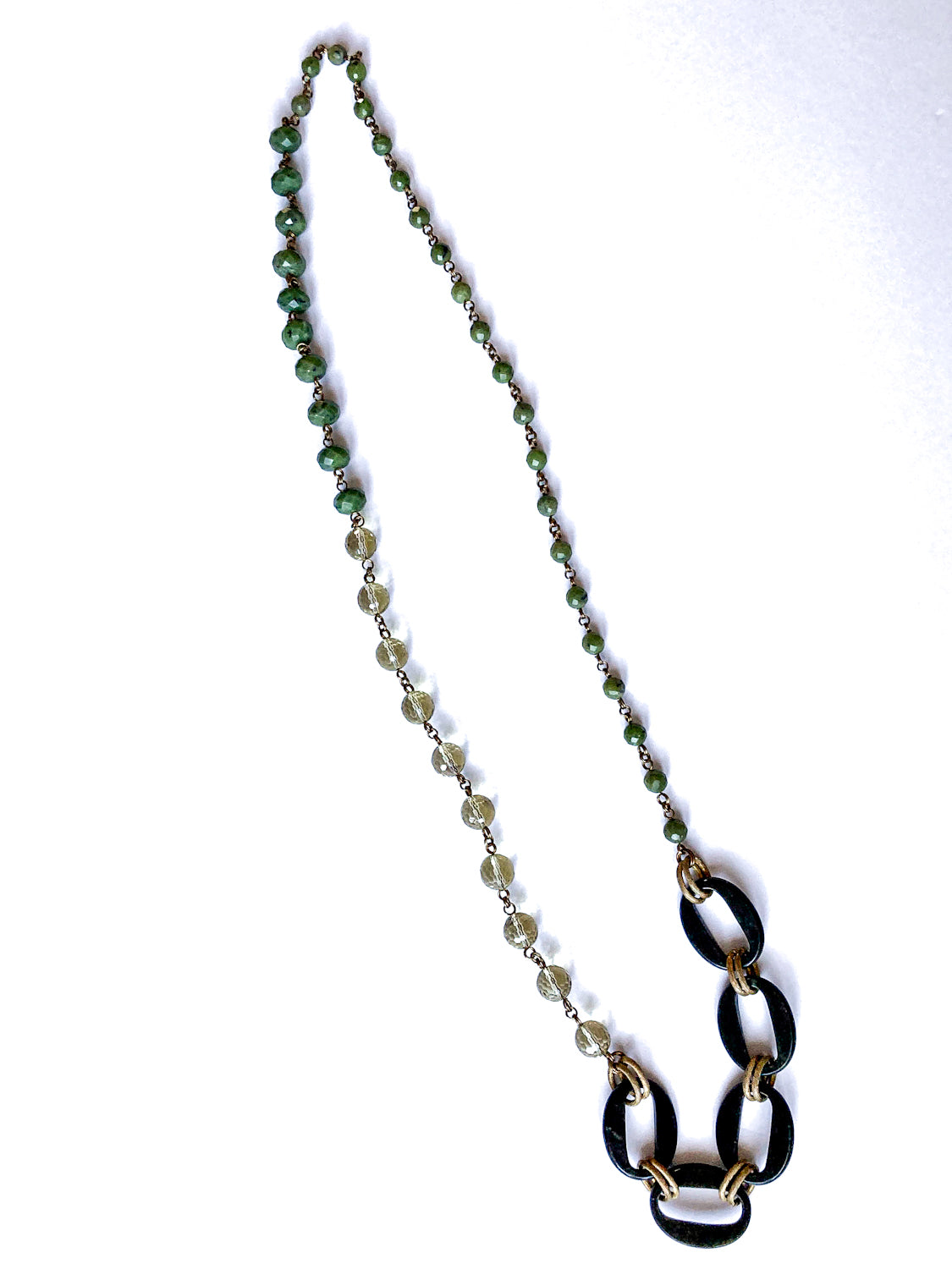 Unsigned Stephen Dweck Bronze Green Quartz Nephrite Bead Long Necklace