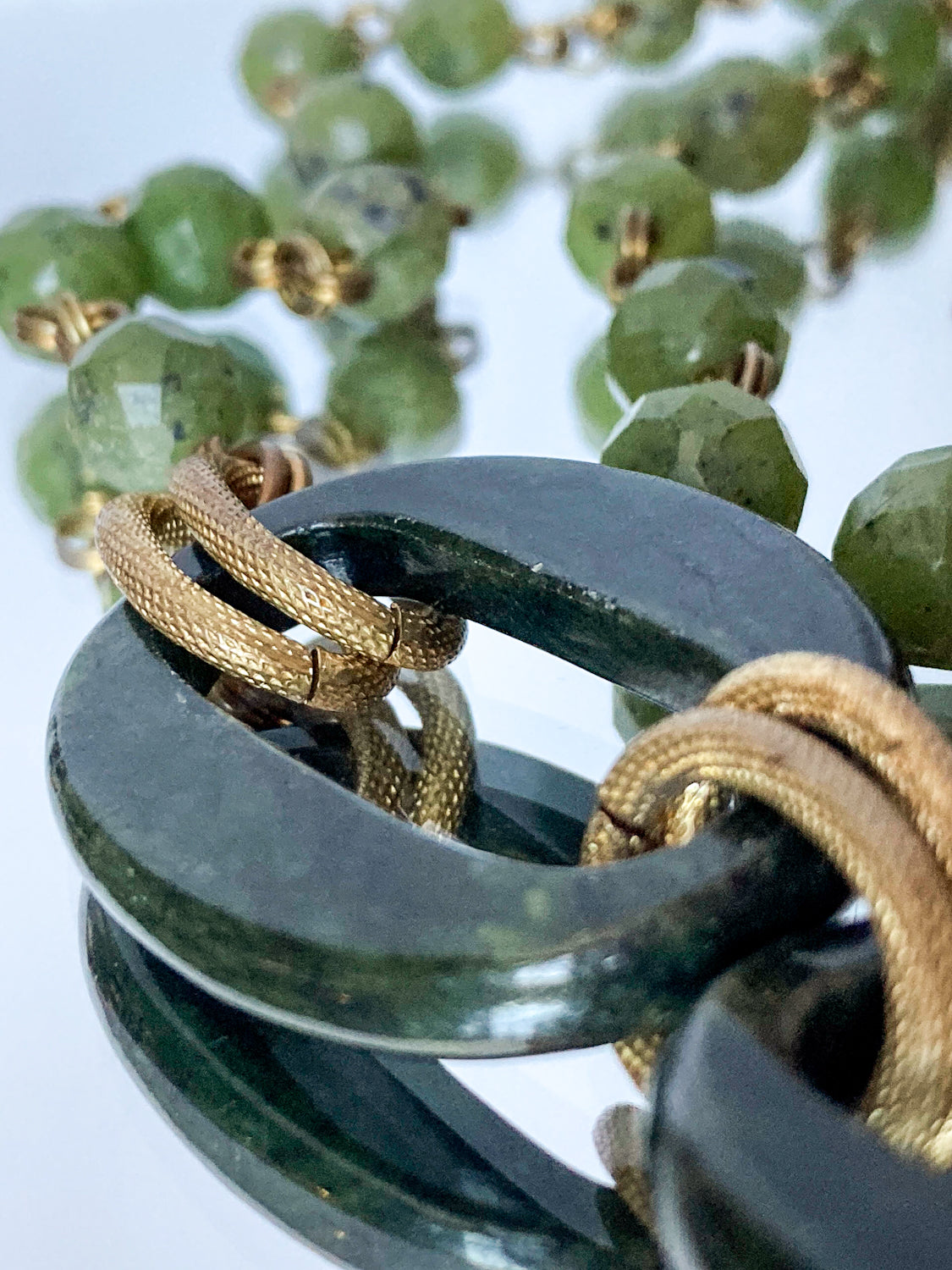Unsigned Stephen Dweck Bronze Green Quartz Nephrite Bead Long Necklace