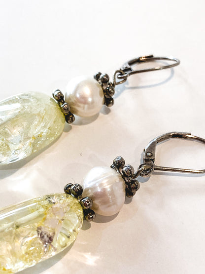 Sterling Silver Cultured Pearl Yellow Faux Quartz Glass Drop Dangle Earrings 8