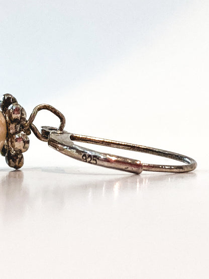 Sterling Silver Cultured Pearl Yellow Faux Quartz Glass Drop Dangle Earrings Close Up Markings