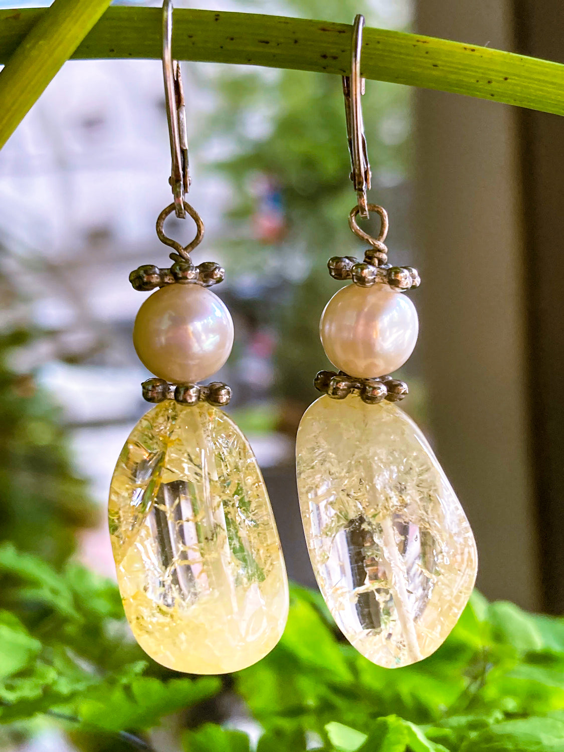 Sterling Silver Cultured Pearl Yellow Faux Quartz Glass Drop Dangle Earrings 3