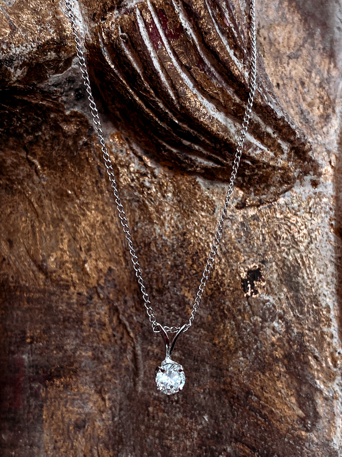 14K White Gold Solitaire Brilliant Diamond Drop Pendant Necklace