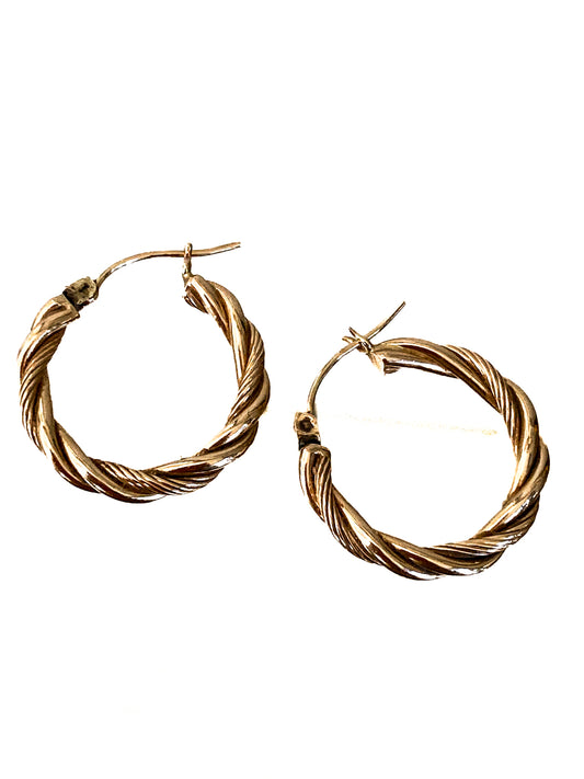 Vintage 14K Yellow Gold Textured Twist Rope Hoop Latch Earrings