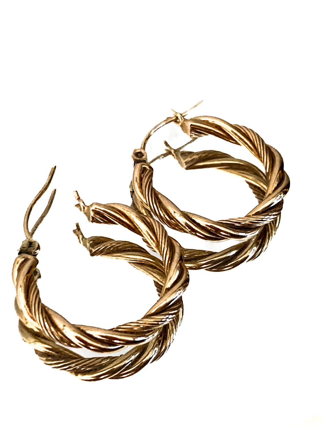 Vintage 14K Yellow Gold Textured Twist Rope Hoop Latch Earrings