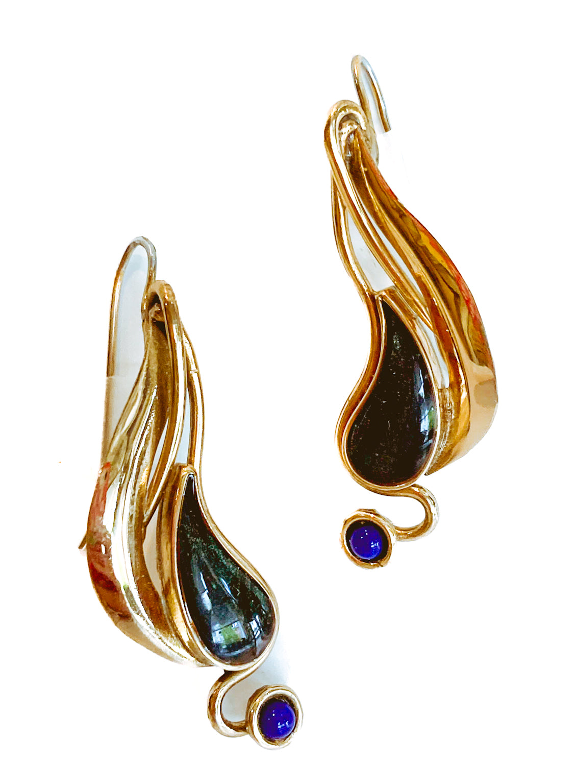 Vintage Abstract Gold Silver Tear Drop Green Blue Accent Drop Earrings 1