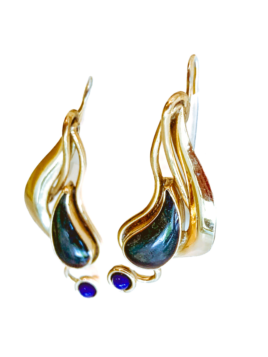 Vintage Abstract Gold Silver Tear Drop Green Blue Accent Drop Earrings 2