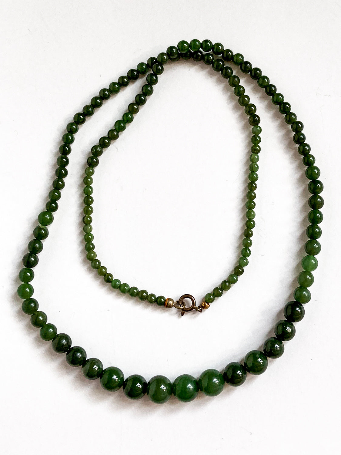 Vintage Graduated Green Nephrite Stone Bead Elongated Necklace full necklace doubled