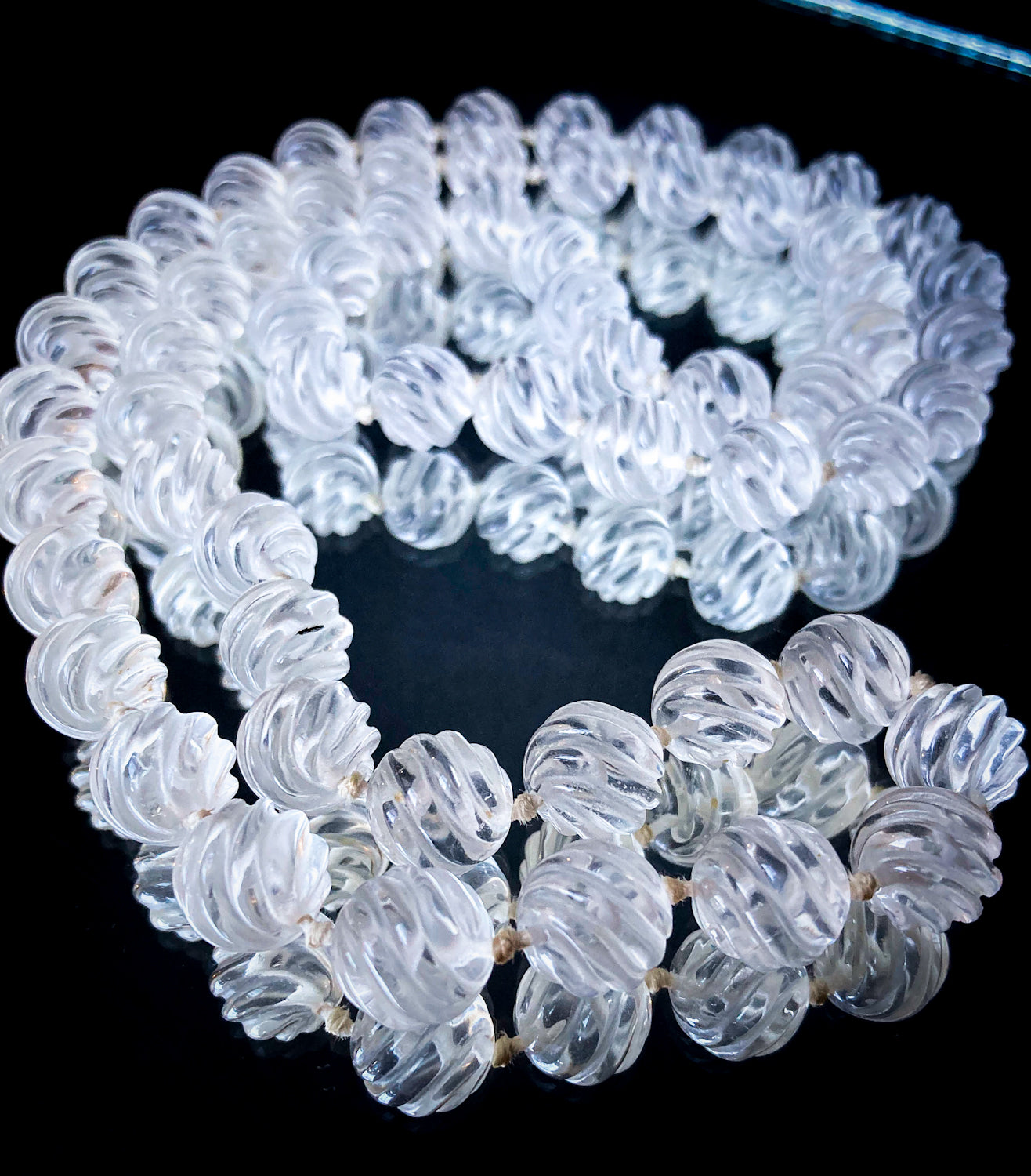 Spiral Carved Rock Crystal Hand Knotted 32" Long Beaded Rope Necklace