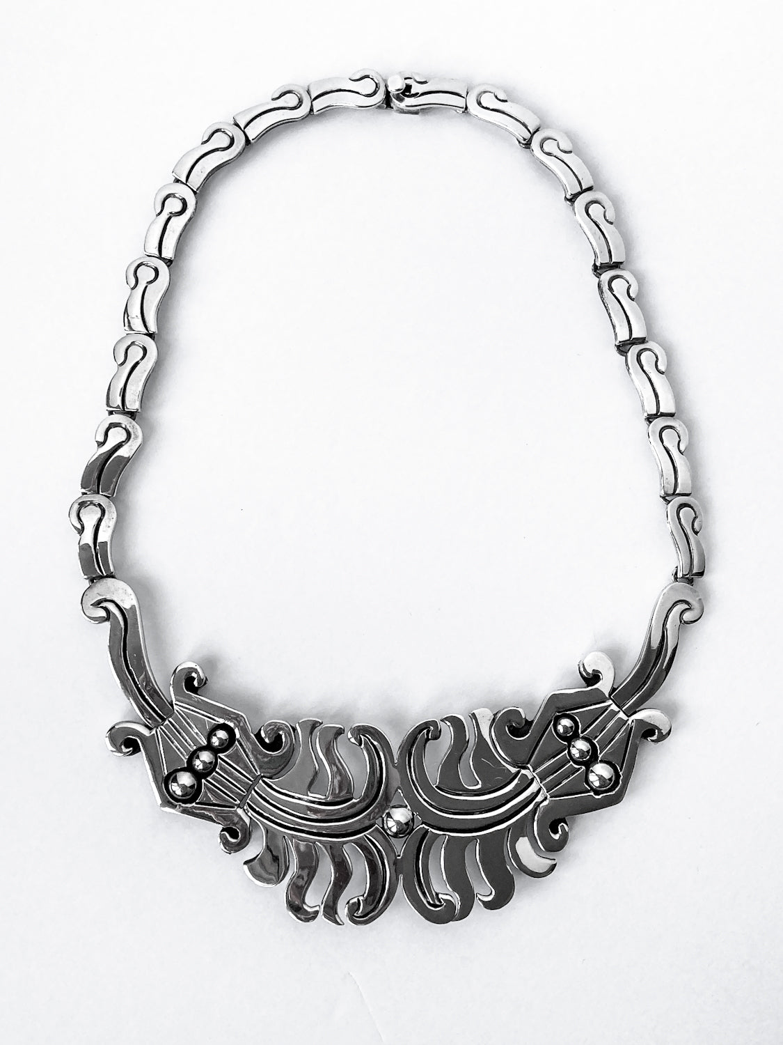 Vintage 1940's Mexico Sterling Silver Incised Hector Aguilar Statement Necklace