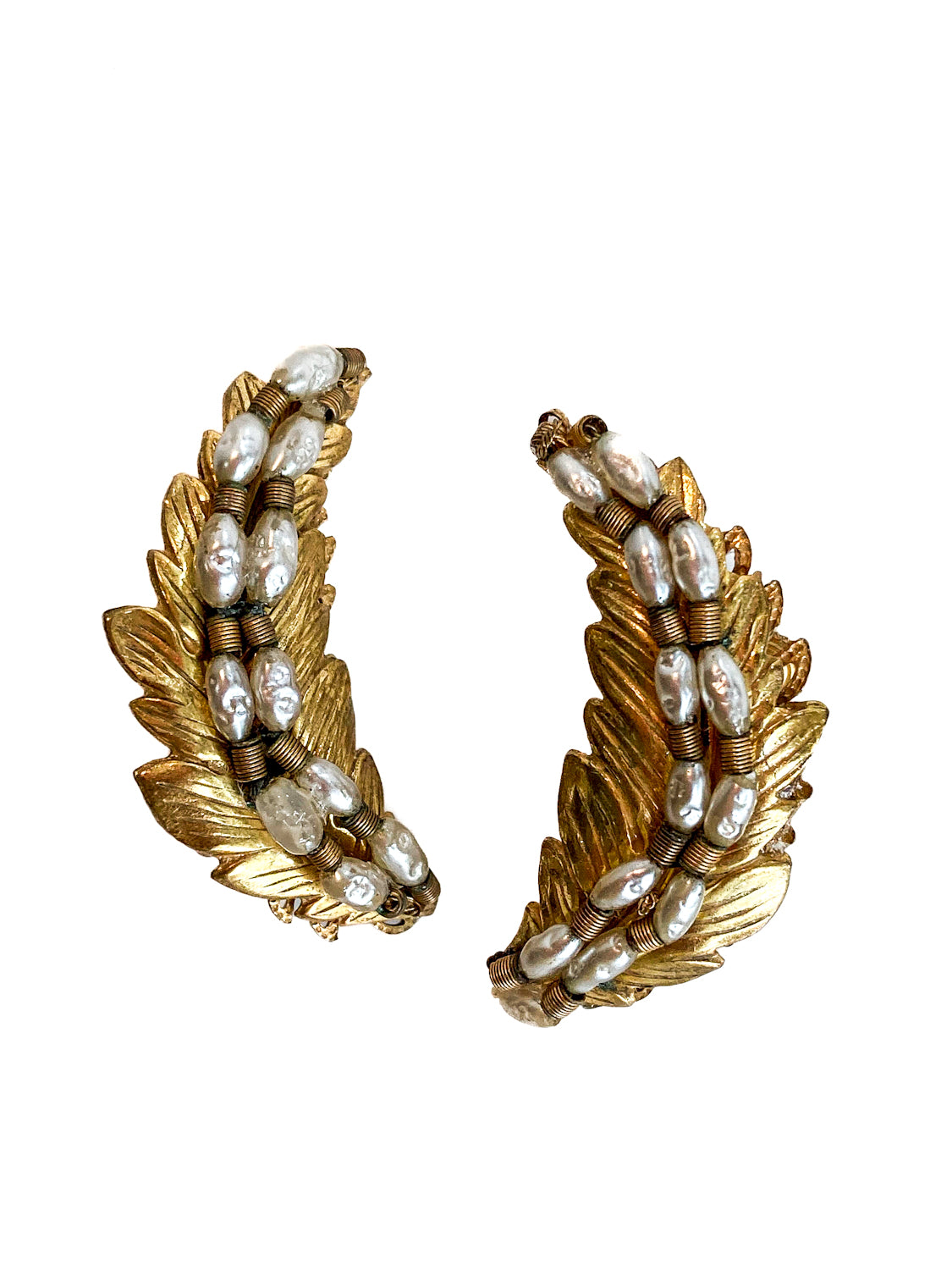 Vintage Miriam Haskell Gold Pearl Feather Ear Cuff Style Screwback Earrings White Background 1