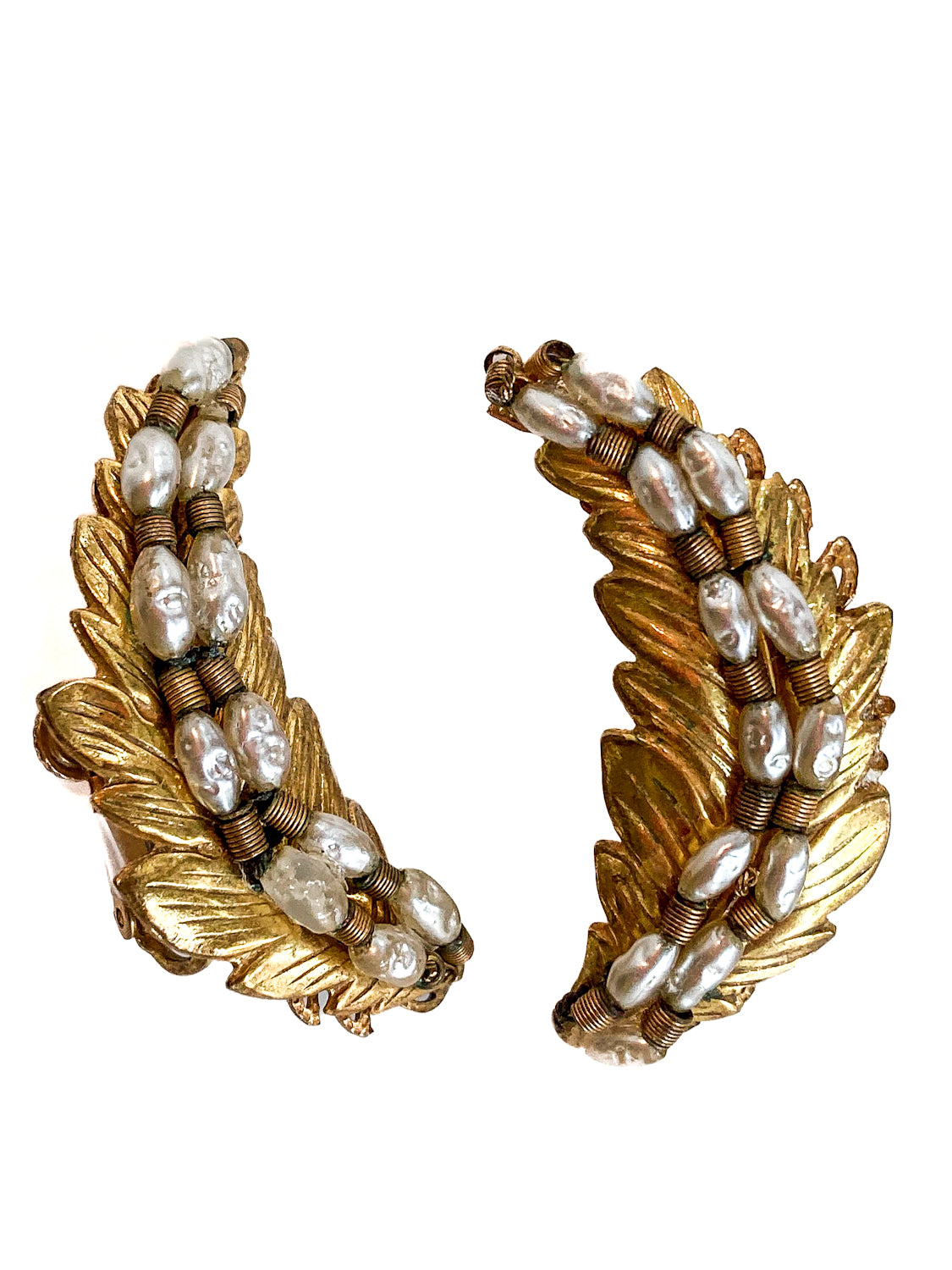 Vintage Miriam Haskell Gold Pearl Feather Ear Cuff Style Screwback Earrings White Background 2