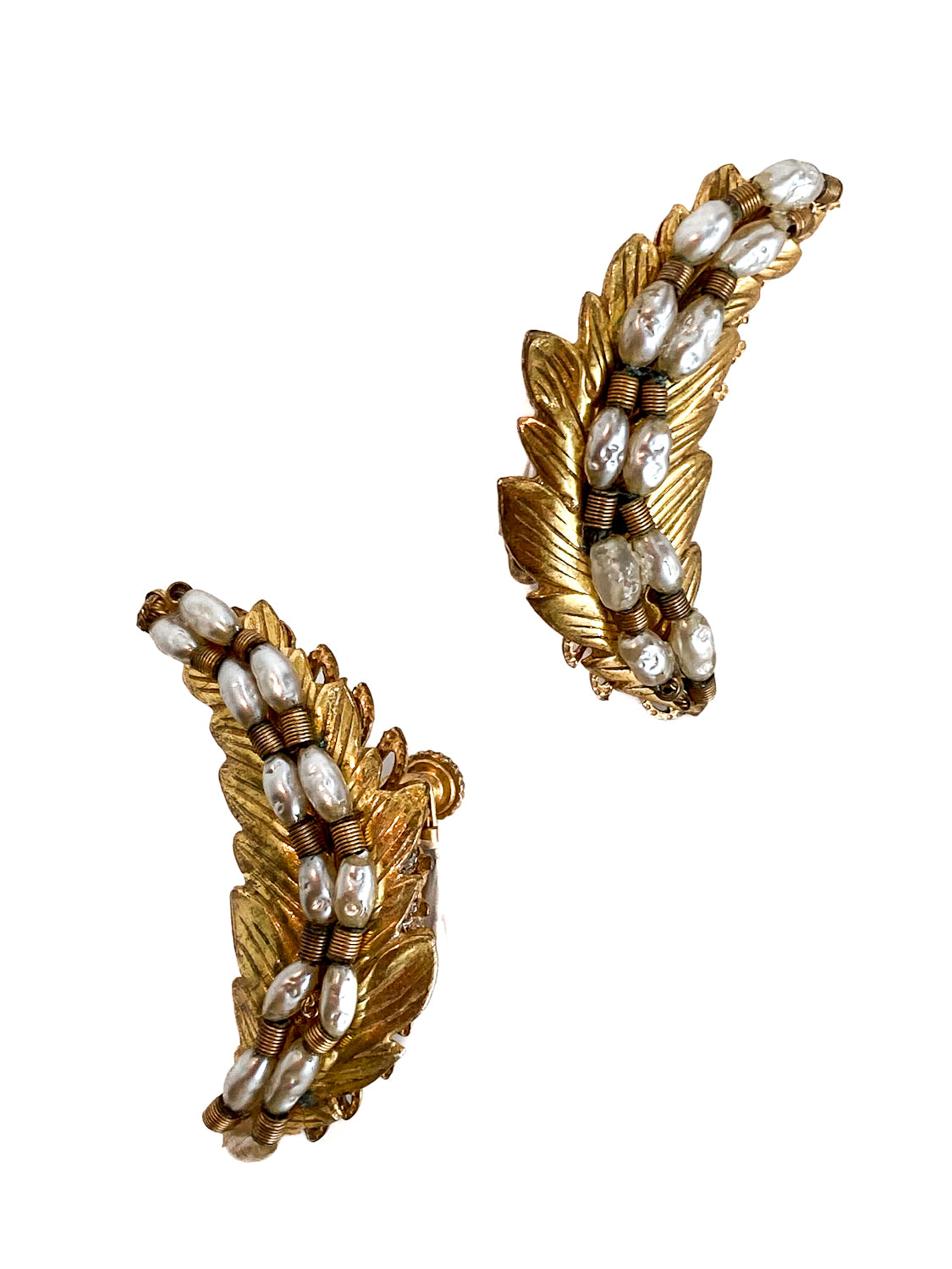 Vintage Miriam Haskell Gold Pearl Feather Ear Cuff Style Screwback Earrings