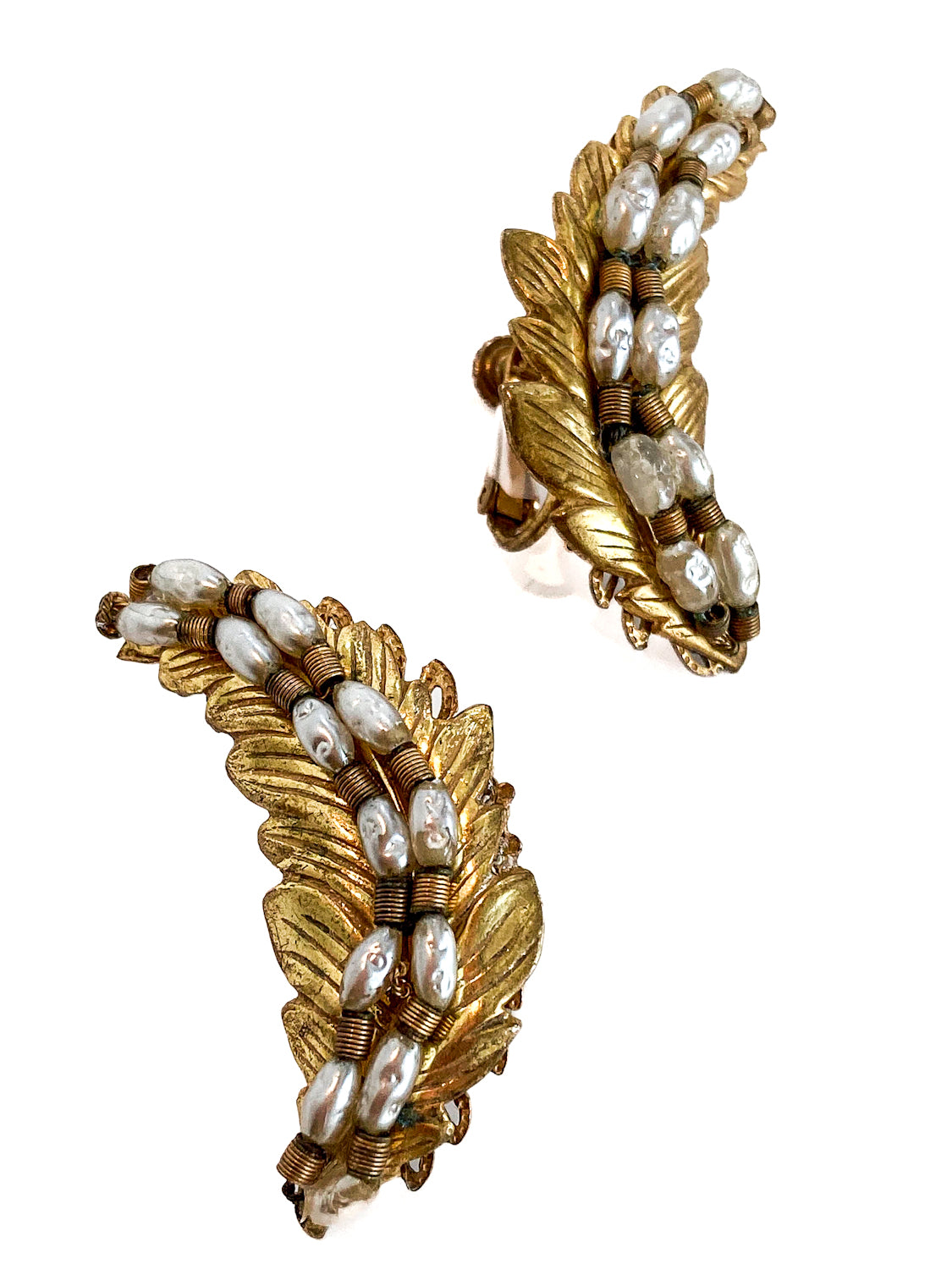 Vintage Miriam Haskell Gold Pearl Feather Ear Cuff Style Screwback Earrings White Background 5