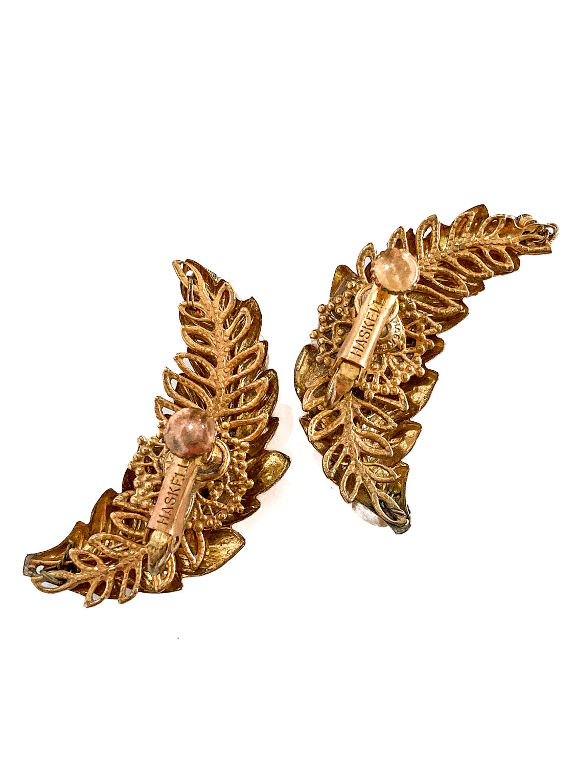 Vintage Miriam Haskell Gold Pearl Feather Ear Cuff Style Screwback Earrings White Background Back