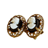 Vintage Black Cameo Filigree Gold-tone Sterling Silver Screwback Earrings White Background 4