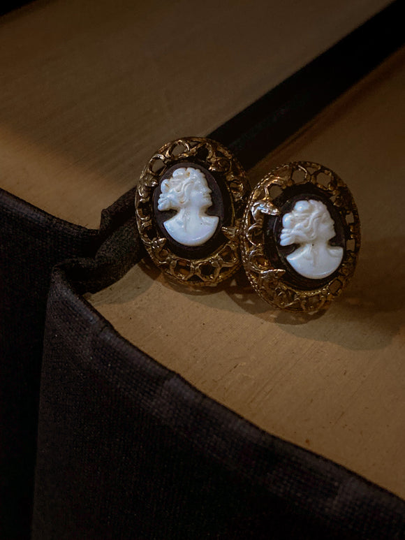 Vintage Black Cameo Filigree Gold-tone Sterling Silver Screwback Earrings