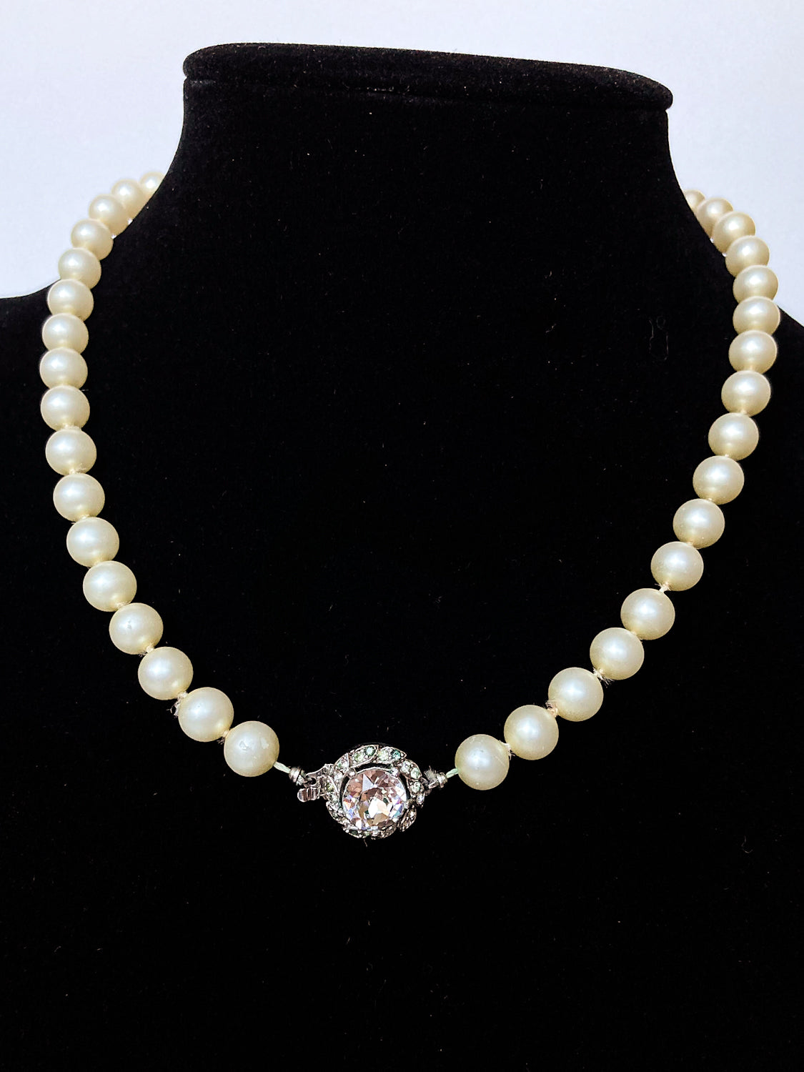 Vintage Trifari Rhinestone Closure Knotted Faux Pearl Choker Necklace