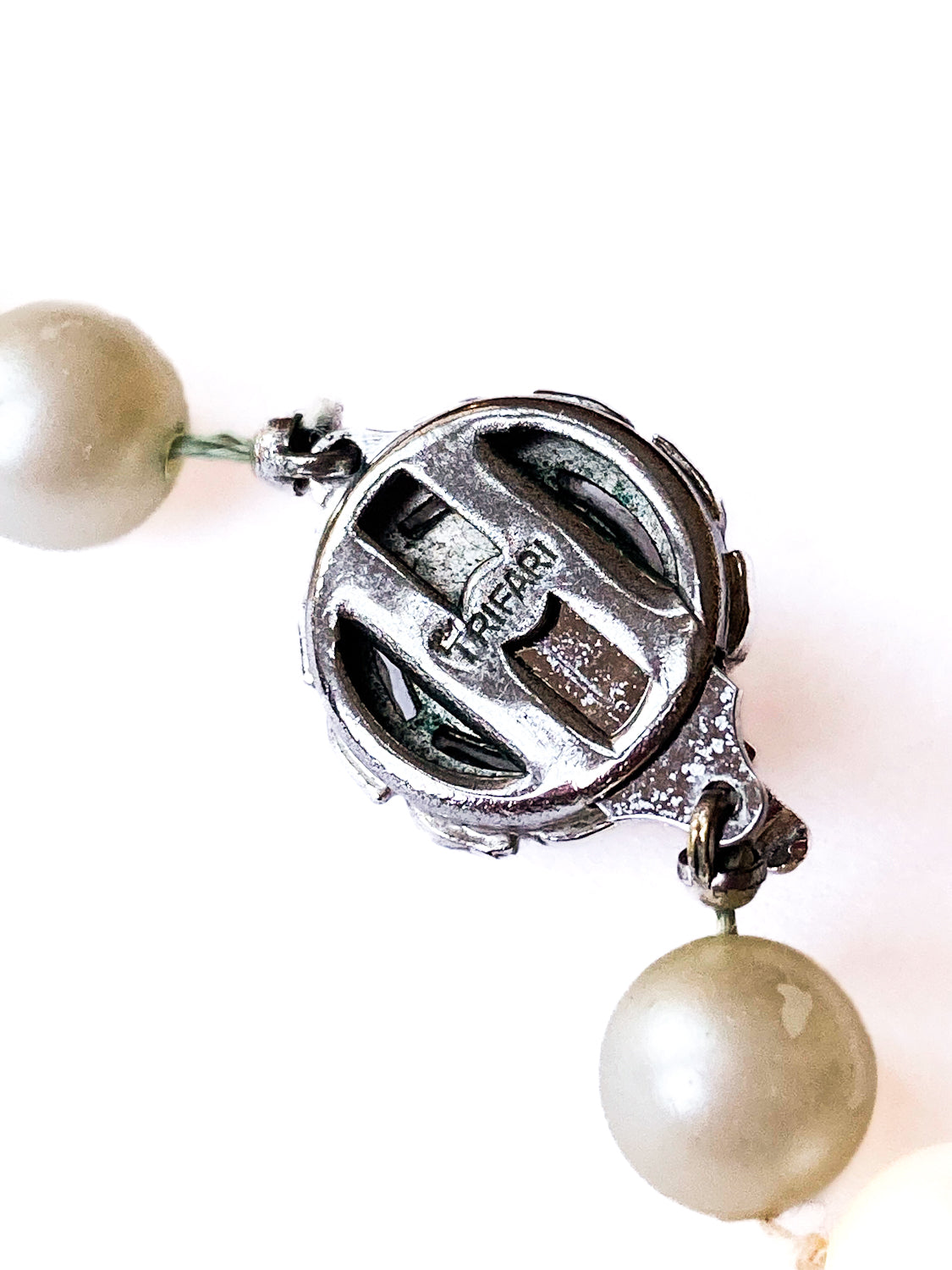 Vintage Trifari Rhinestone Closure Knotted Faux Pearl Choker Necklace