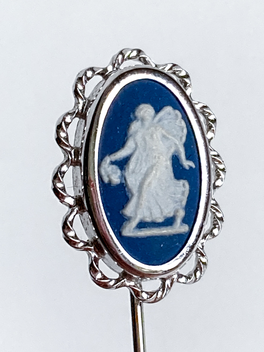 Vintage Wedgwood Blue Jasperware Stainless Steel Cameo Stick Pin Brooch