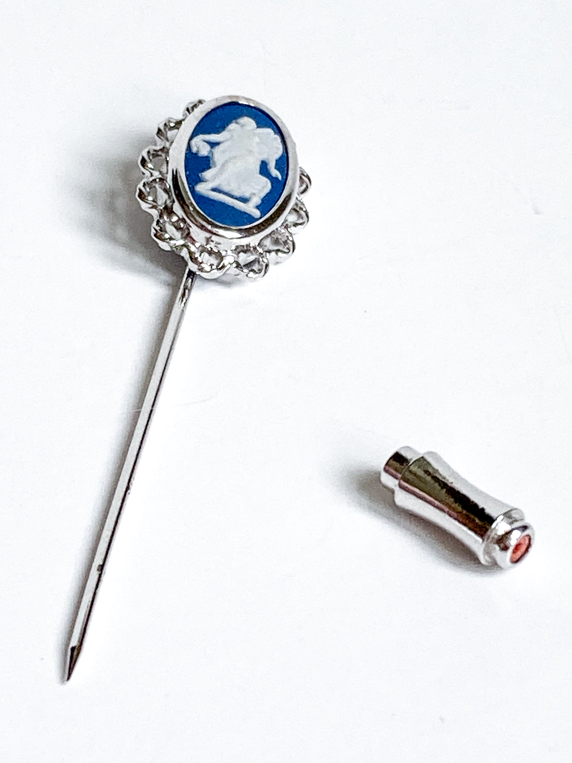Vintage Wedgwood Blue Jasperware Stainless Steel Cameo Stick Pin Brooch