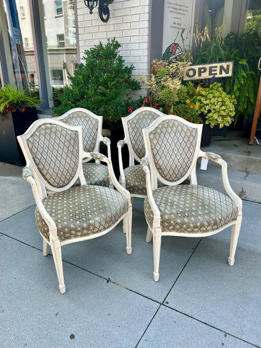 Set of Four French Style Green Plush Chairs Upholstered White Painted Arms
