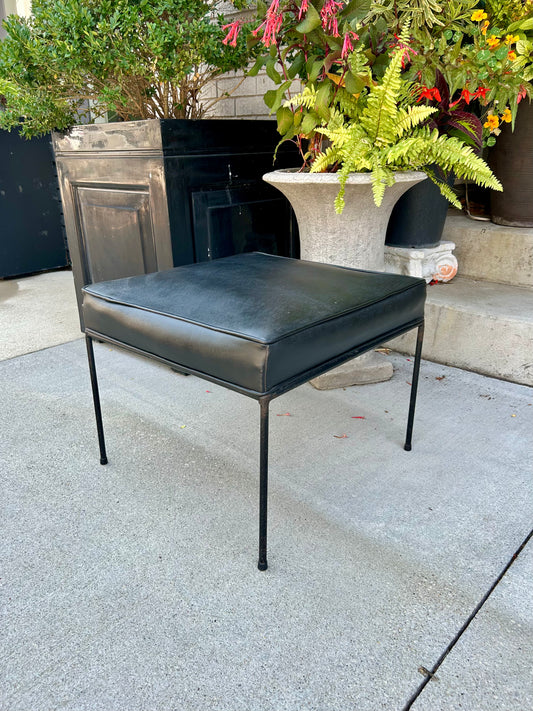 A Vintage Black Leather Square Stool with Iron Base by Paul McCobb 1960s