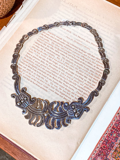Vintage 1940's Mexico Sterling Silver Incised Hector Aguilar Statement Necklace