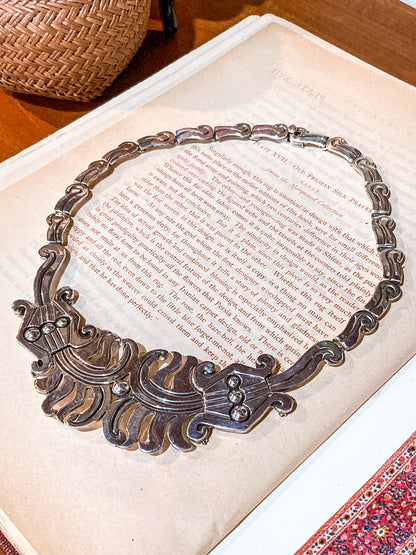 Vintage 1940's Mexico Sterling Silver Incised Hector Aguilar Statement Necklace