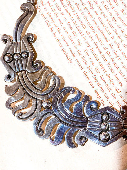 Vintage 1940's Mexico Sterling Silver Incised Hector Aguilar Statement Necklace