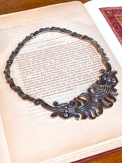 Vintage 1940's Mexico Sterling Silver Incised Hector Aguilar Statement Necklace