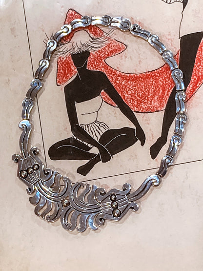 Vintage 1940's Mexico Sterling Silver Incised Hector Aguilar Statement Necklace