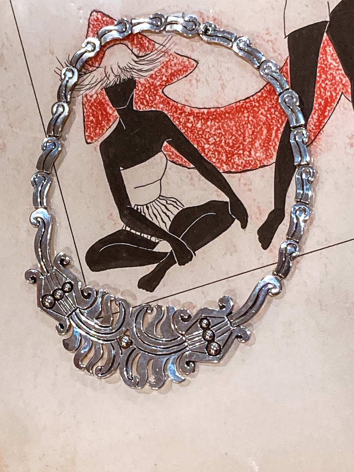 Vintage 1940's Mexico Sterling Silver Incised Hector Aguilar Statement Necklace