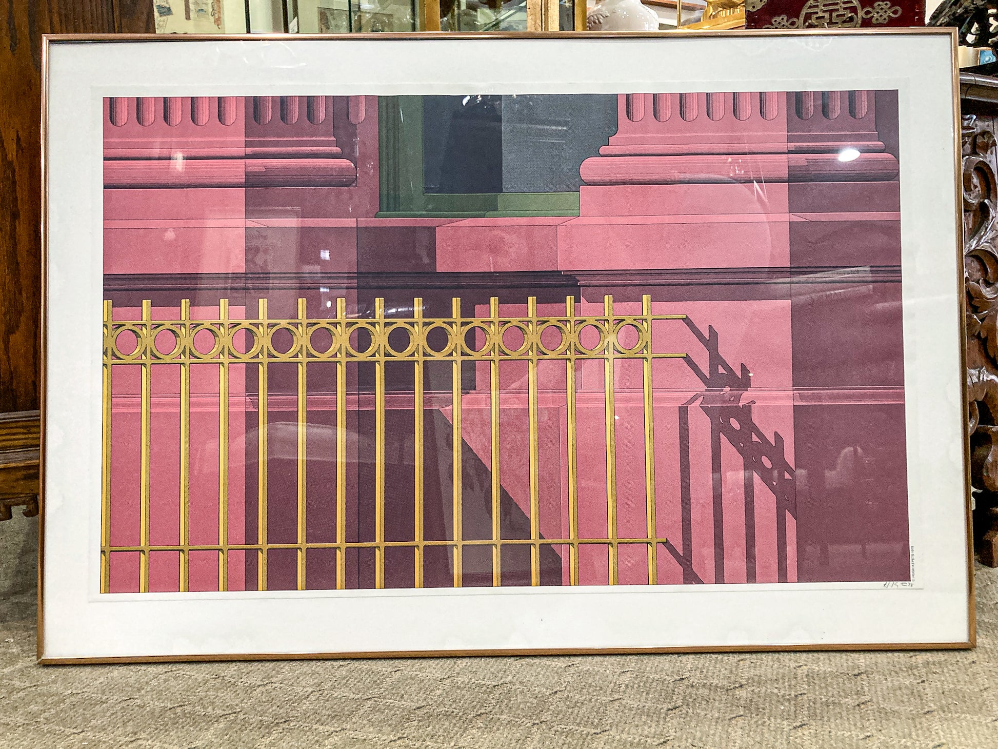 1978 Hugh Kepets Pink Gold Architectural Abstract Framed Offset Lithograph