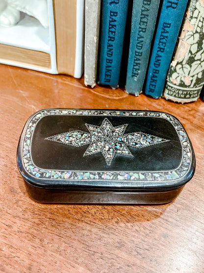 19th Century Antique Abalone Shell Inlay Papier-Mache English Trinket Box