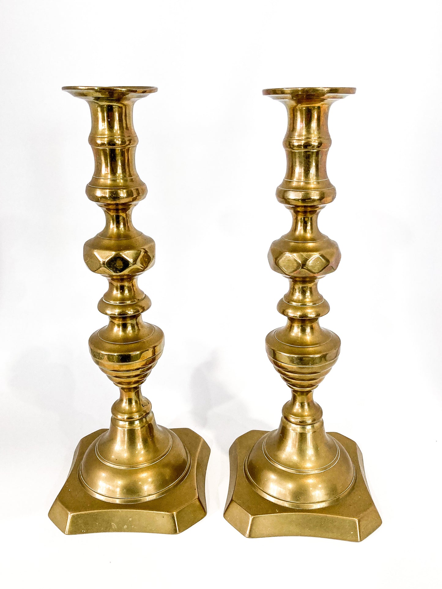 19th Century Antique English Brass Ace of Diamond Candlesticks
