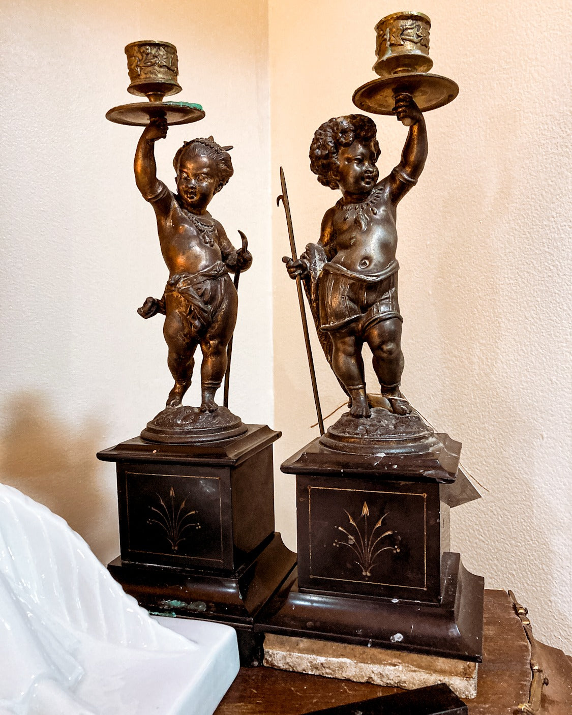 19th Century Pair Antique Bronze French Putti Candlesticks Slate Base