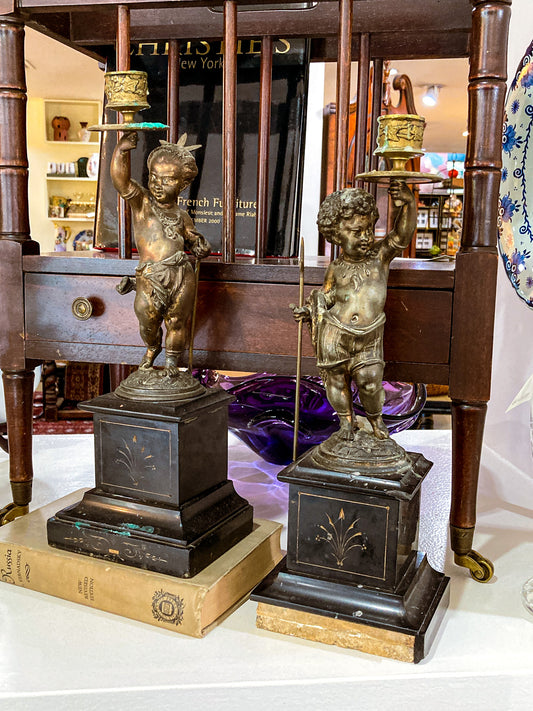 19th Century Pair Antique Bronze French Putti Candlesticks Slate Base