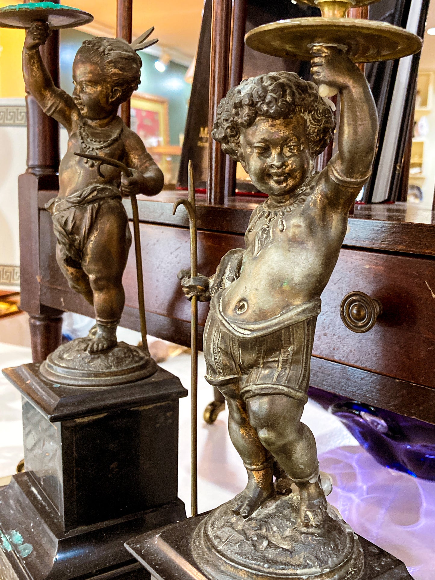 19th Century Pair Antique Bronze French Putti Candlesticks Slate Base