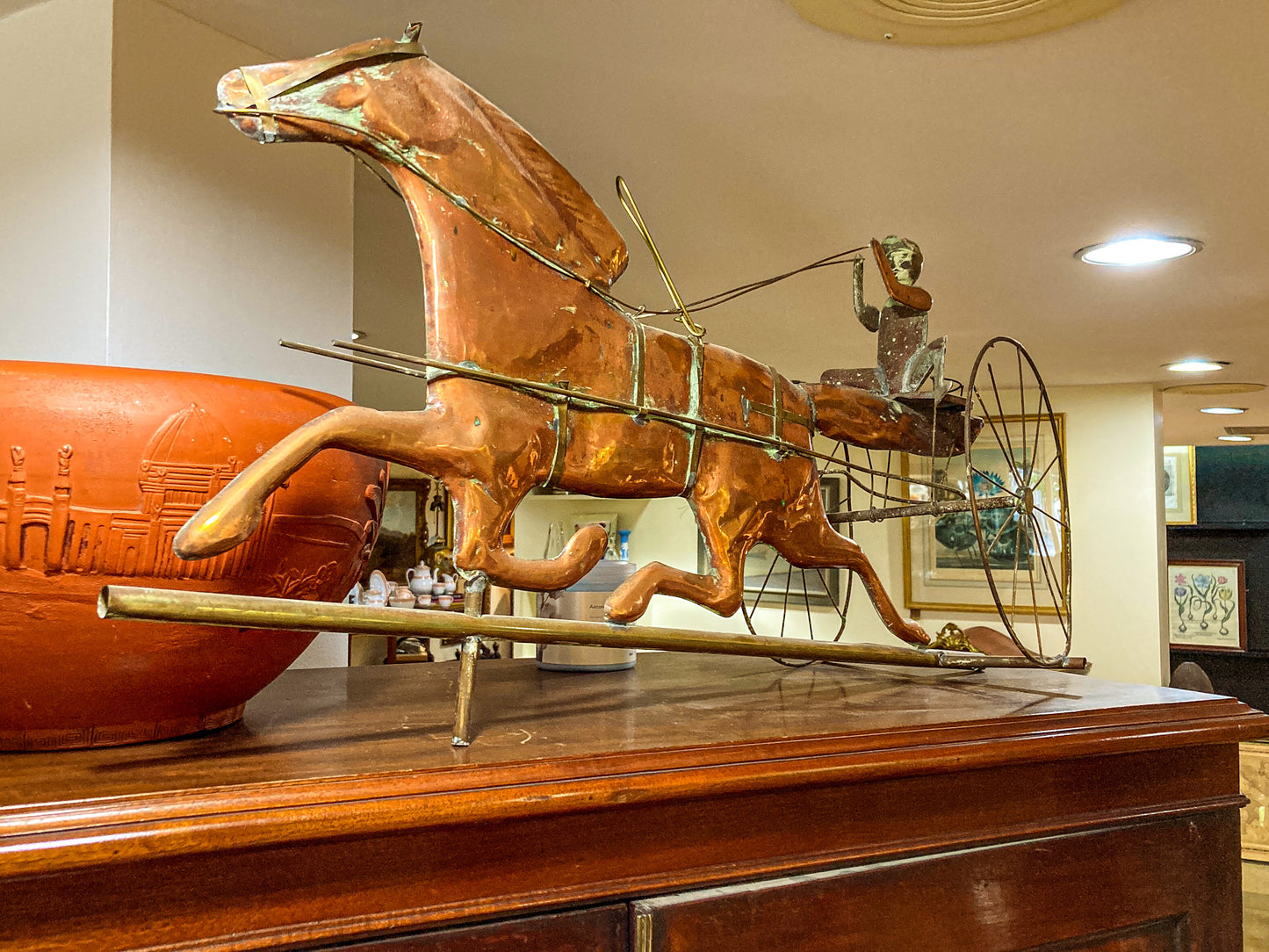 19th Century Style Reproduction Copper Horse Sulky Jockey Weathervane