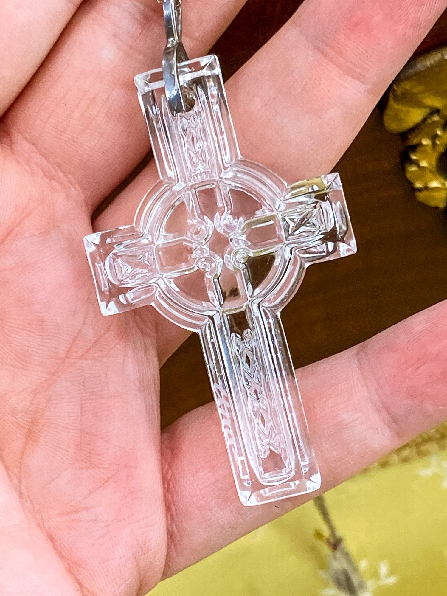 2004 Waterford Clear Crystal Celtic Cross Sterling Silver Pendant Necklace