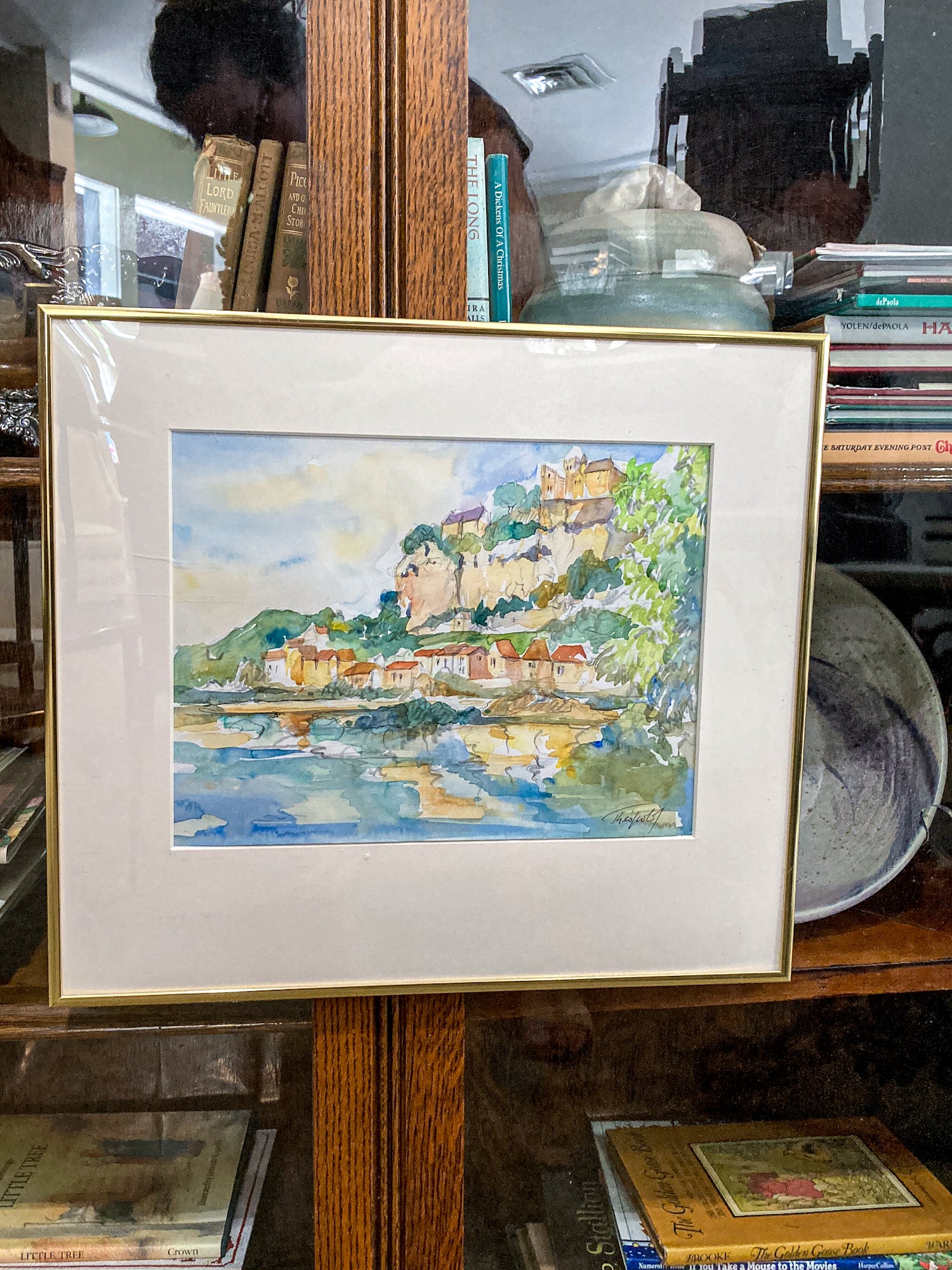 20th Century Colorful Italian Seaside Castle Landscape Framed Watercolor Painting